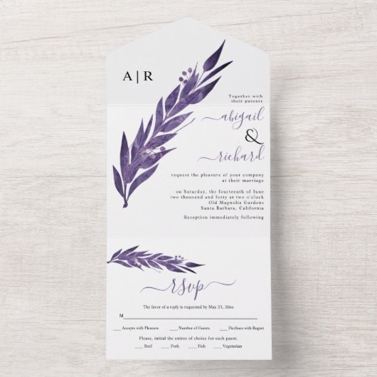 ユーカリ枝ダークパープル色の冬の結婚式 オールインワン招待状 (内側)