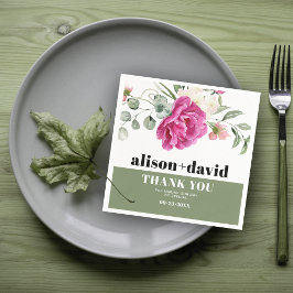 ユーカリ枝ピンクのバラ白結婚花 スタンダードカクテルナプキン