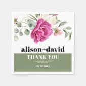 ユーカリ枝ピンクのバラ白結婚花 スタンダードカクテルナプキン (正面)