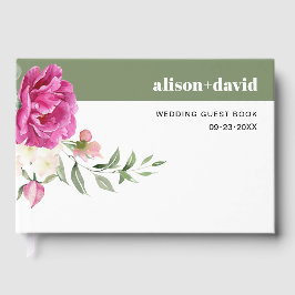 ユーカリ枝ピンクのバラ結婚の花 ゲストブック