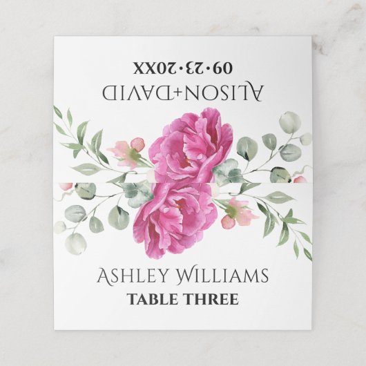 ユーカリ枝ピンクのバラ結婚の花 プレイスカード (外部開封)