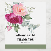 ユーカリ枝、ピンクのバラのタイポグラフィ結婚ズ ワインラベル (シングルラベル)