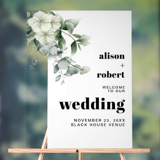 ユーカリ枝、白い花結婚の歓迎 アクリルサイン (ニュートラル)