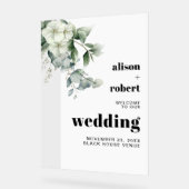 ユーカリ枝、白い花結婚の歓迎 アクリルサイン (傾斜)