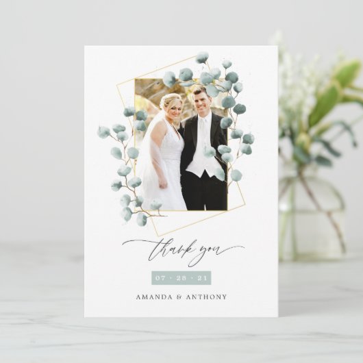 ユーカリ森林の幾何結婚の写真コラージュ サンキューカード (スタンド正面)