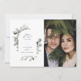 ユーカリ植物のエレガントな写真シンプルな結婚式 セーブザデート