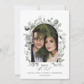 ユーカリ植物のエレガントな写真 シンプルなウェディング セーブザデート (正面)