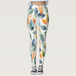 ユーカリ植物グリーンオレンジ350水色 レギンス