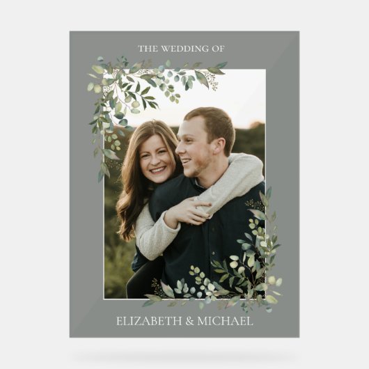 ユーカリ植物セージ緑の写真結婚の アクリルサイン (正面)