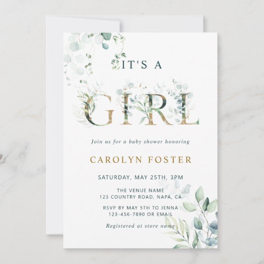 ユーカリ植物文字金ゴールドガールベビーシャワー 招待状 (正面)