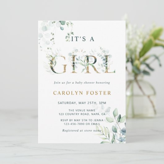 ユーカリ植物文字金ゴールドガールベビーシャワー 招待状 (スタンド正面)