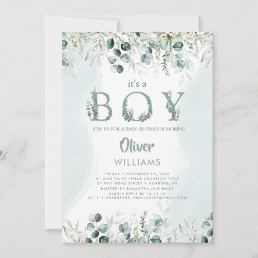 ユーカリ植物書少年の赤ちゃんシャワー 招待状 (正面)