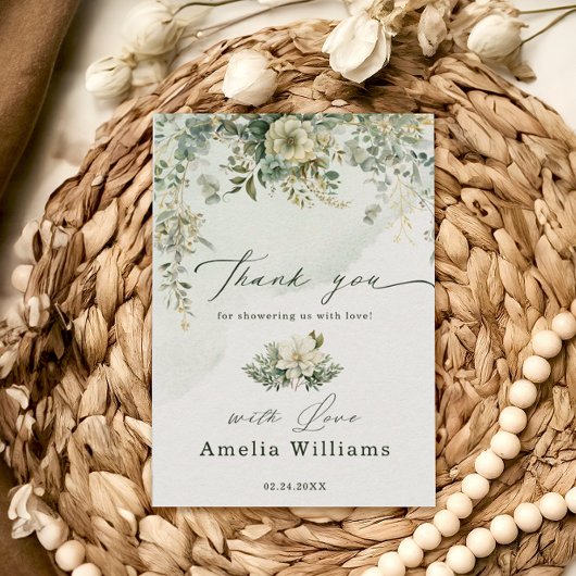 ユーカリ植物水彩緑の赤ちゃんシャワー サンキューカード