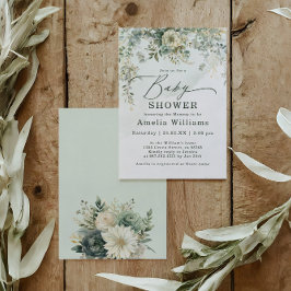 ユーカリ植物水彩緑の赤ちゃんシャワー 招待状