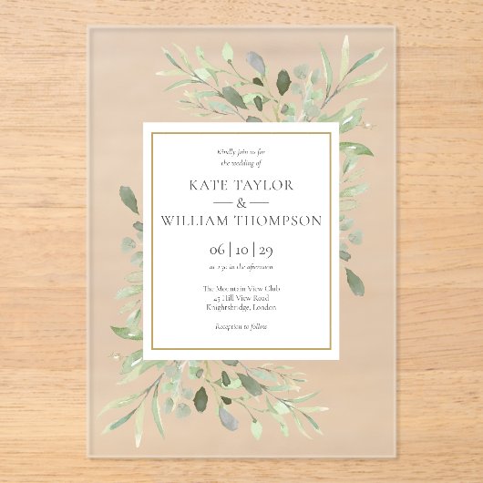 ユーカリ植物水色結婚の アクリル招待状 (正面)