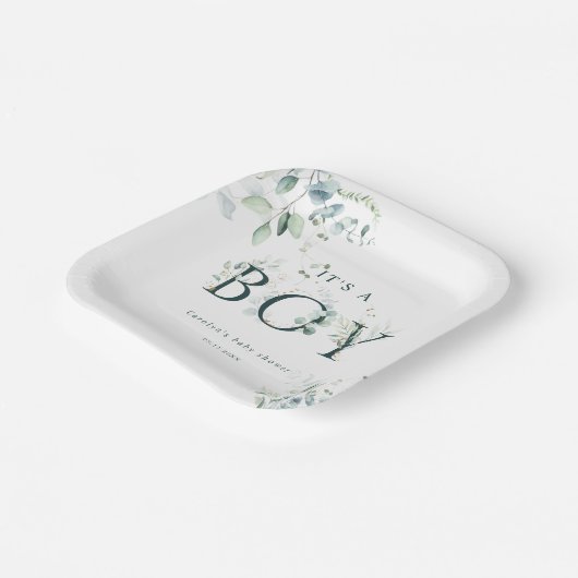 ユーカリ植物緑の手紙ボーイベビーシャワー ペーパープレート (傾斜あり)