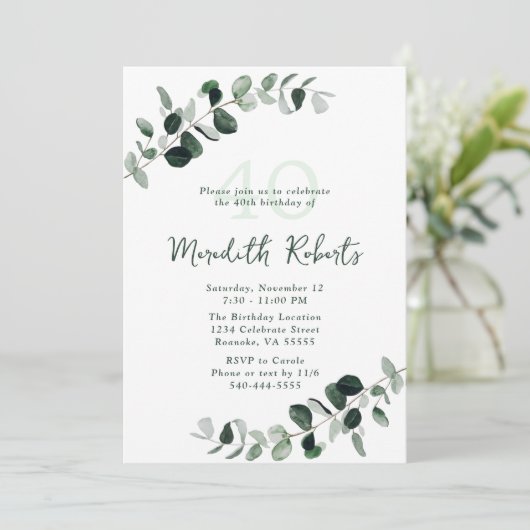 ユーカリ植物緑40歳の誕生日 招待状 (スタンド正面)