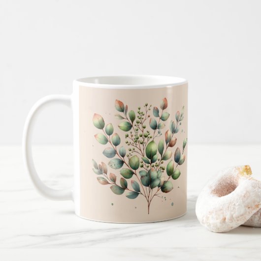 ユーカリ植物色クリーム色 コーヒーマグカップ (ドーナツ)