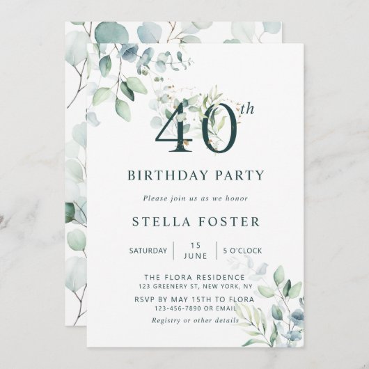 ユーカリ植物40歳誕生日パーティー 招待状 (正面/裏面)