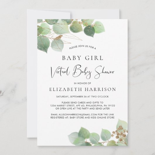 ユーカリ水の色ベビーガール仮想シャワー 招待状 (正面)