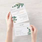 ユーカリ水カラー葉金ゴールド結婚ズ オールインワン招待状 (貼ってはがせる)