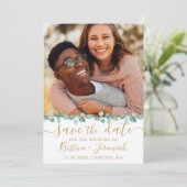 ユーカリ水彩つる植物金ゴールド写真結婚の セーブザデート (スタンド正面)