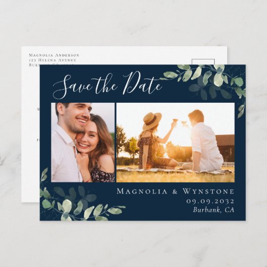 ユーカリ水彩写真結婚式の日付を保存 ポストカード (正面/裏面)