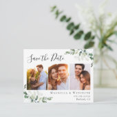 ユーカリ水彩写真結婚式の日付を保存 ポストカード (スタンド正面)