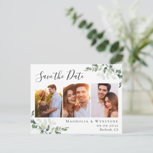 ユーカリ水彩写真結婚式の日付を保存 案内ポストカード (スタンド正面)