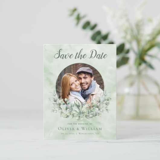 ユーカリ水彩写真結婚式の日付を保存 案内ポストカード (スタンド正面)