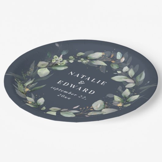 ユーカリ水彩植物性ブルー結婚ズ ペーパープレート (アングル)