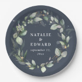 ユーカリ水彩植物性ブルー結婚ズ ペーパープレート (正面)