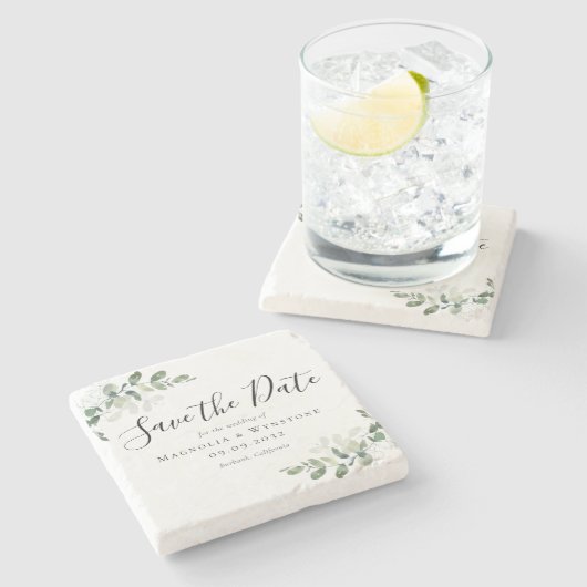 ユーカリ水彩結婚式の日付を保存 ストーンコースター (横)