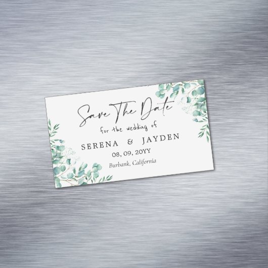 ユーカリ水彩結婚式の日付を保存 マグネット名刺 (インサイチュ)