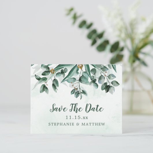 ユーカリ水彩結婚式の日付を保存 案内ポストカード (スタンド正面)