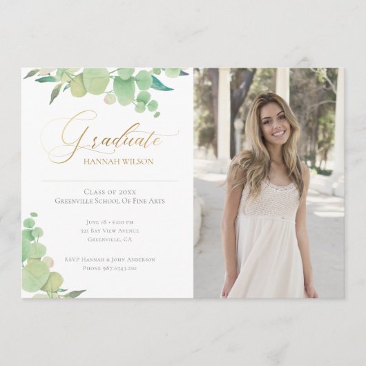 ユーカリ水彩緑色写真卒業 案内状 (正面)