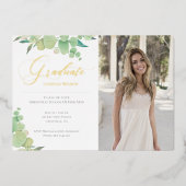 ユーカリ水彩緑色写真卒業 箔招待状 (正面)