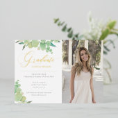 ユーカリ水彩緑色写真卒業 箔招待状 (立ち正面)