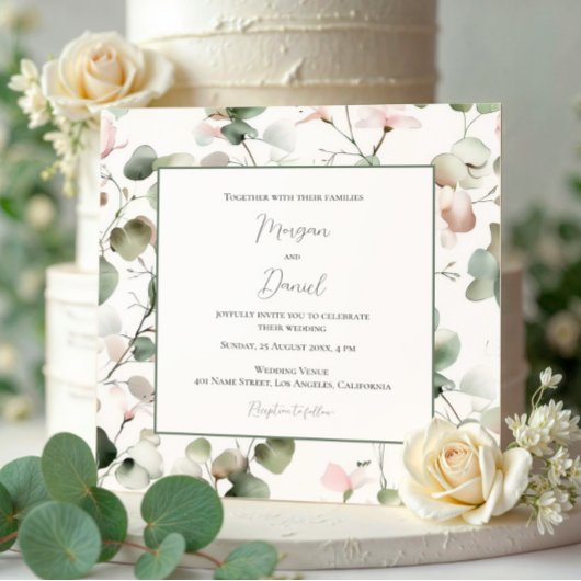 ユーカリ水彩葉婚約招待状