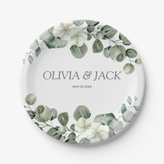 ユーカリ水彩 ラスティック グリーン ウェディング ペーパープレート (正面)
