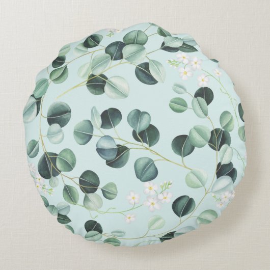 ユーカリ水疱:ターコイズ水彩模様。 ラウンドクッション (裏面)