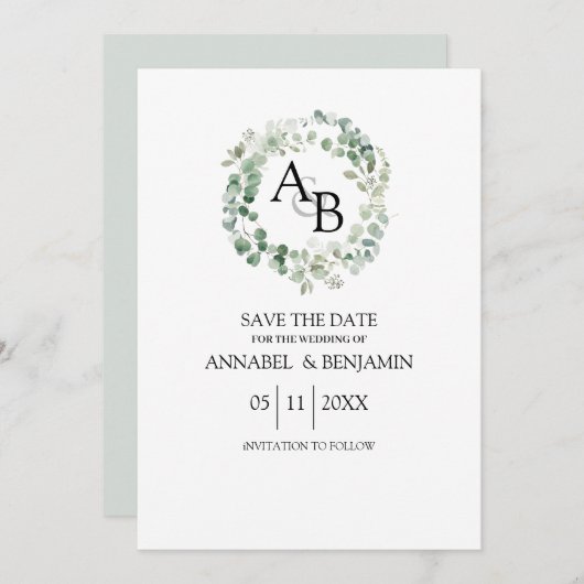 ユーカリ水色リース結婚ズ セーブザデート (正面/裏面)