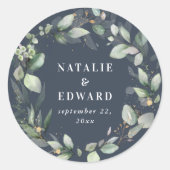 ユーカリ海軍ブルーボタニカルウェディングパーティーの装飾 ラウンドシール (正面)