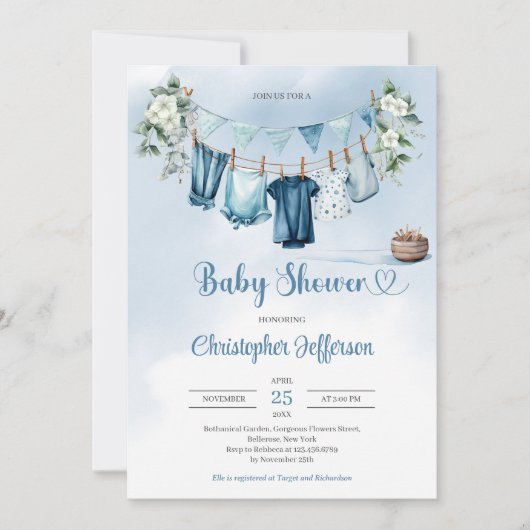 ユーカリ男の赤ちゃん服の男の子シャワー 招待状 (正面)