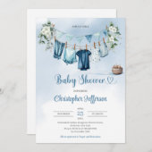 ユーカリ男の赤ちゃん服の男の子シャワー 招待状 (正面/裏面)