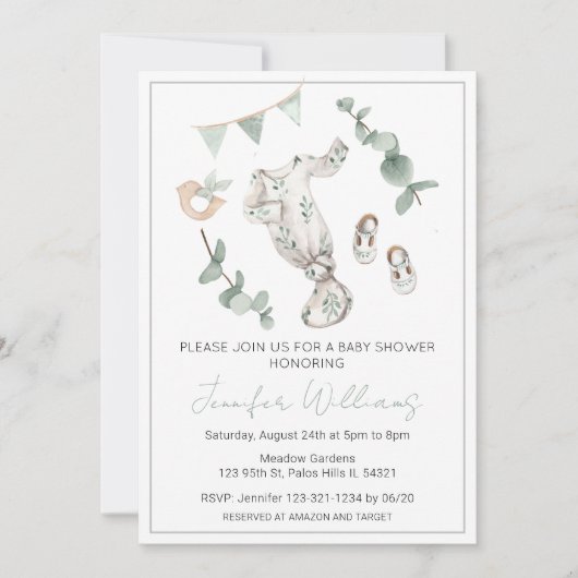 ユーカリ男女兼用スの赤ちゃんシャワー招待 招待状 (正面)