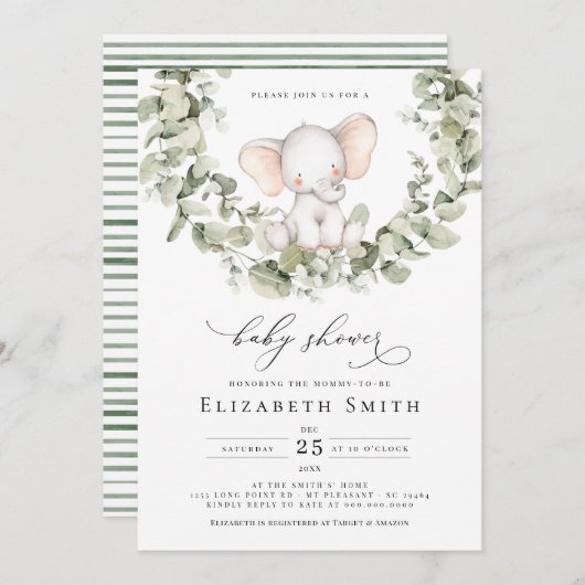 ユーカリ男女兼用パイゾウの赤ちゃんシャワー 招待状 (正面/裏面)