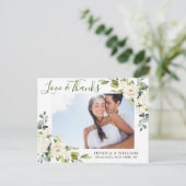 ユーカリ白いバラ結婚スの写真ありがとう ポストカード (スタンド正面)