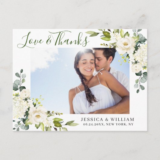 ユーカリ白いバラ結婚スの写真ありがとう ポストカード (正面)