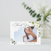ユーカリ白いバラ結婚スの写真ありがとう ポストカード (スタンド正面)